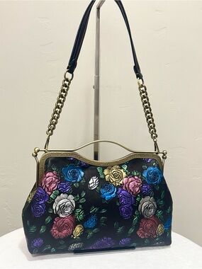 Unique Colorful Rose Embossed Cowhide Handmade Retro Style Double Kisslock Bag
